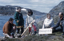 Photograph of Barbara Hinds and four other people with a kettle outdoors in Frobisher Bay, Northw...