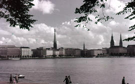 Photograph of Binnenalster (Inner Alster Lake) with the city towers