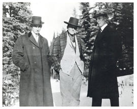 Photograph of Slim Massey, Archibald ("Grey Owl") Belaney, and William Draper in Bisco, Ontario, ...