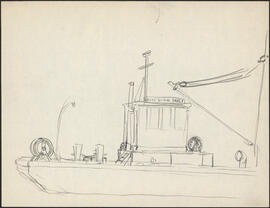 Charcoal and pencil drawing by Donald Cameron Mackay of a naval diving barge