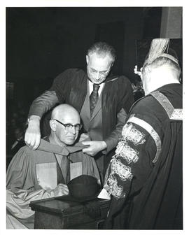 Photograph of Thomas Head Raddall receiving an honorary Doctorate of Civil Law at the University ...