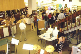 Photograph of Betty Sutherland's retirement party, view from second floor