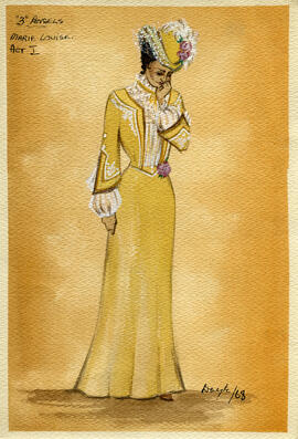 Watercolour costume design featuring a woman in Edwardian dress