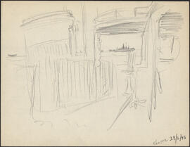 Charcoal and pencil study sketch by Donald Cameron Mackay of convoy manouevres from on board HMCS...