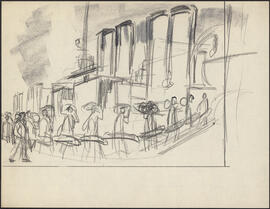 Charcoal study sketch by Donald Cameron Mackay of sailors carrying duffel bags up a gangway onto ...