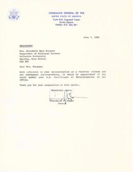 Correspondence between Elisabeth Mann Borgese and the US Consulate General and Department of Stat...