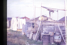 Photograph of a cabin in Newfoundland and Labrador with laundry and fish hanging on lines to dry