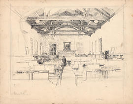 Unfinished Arthur Lismer sketch of the main reading room of the Macdonald Memorial Library commis...