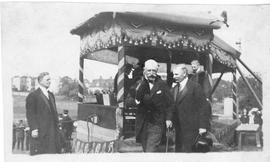 Photograph of A. S. MacKenzie, the Duke of Connaught, and Mr. Campbell at the laying of the corne...