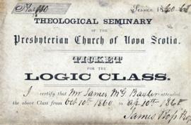 Ticket to a logic class  at the theological seminary of the Presbyterian Church of Nova Scotia