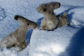 Photograph of two rabbit figurines made of fur from Port Burwell, Northwest Territories