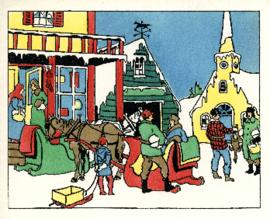 Printed Christmas cards depicting a village scene, designed by D.C. Mackay