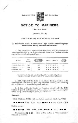 Dominion of Canada, Notice to Mariners #4 of 1919 (Atlantic No. 4)