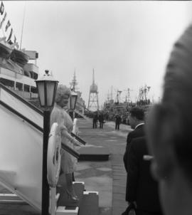 Photograph of the Queen Mother disembarking from a ship in Halifax