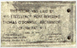 Photograph of inscription on stone laid for the construction of the Halifax Infirmary