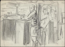 Charcoal and pencil drawing by Donald Cameron Mackay showing two sailors making observations