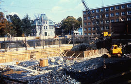 Photograph of the construction of the Tupper Building, framing