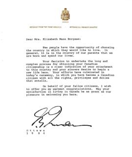 Correspondence from Prime Minister Pierre Elliott Trudeau to Elisabeth Mann Borgese