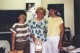 Photograph of Carol Webb, Helen Branny, and Mary MacDonald at Helen's Kellogg retirement party