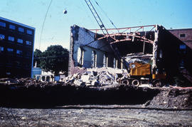 Photograph of demolition of Medical-Dental Library, open side wall