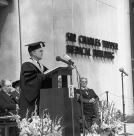 Photograph of Chester Stewart speaking at the Dalhousie medical centennial convocation