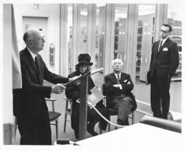 Photograph of Horace Read addressing guests at the opening of the Weldon Law Building