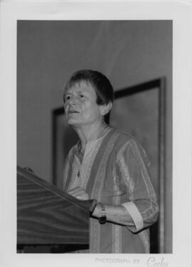Photograph of Elisabeth Mann Borgese giving a speech