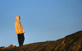 Photograph of Barbara Hinds on a hill in Frobisher Bay, Northwest Territories
