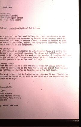 Photograph of letter detailing John Murchie's One Way Ticket proposal for the Locations/National ...