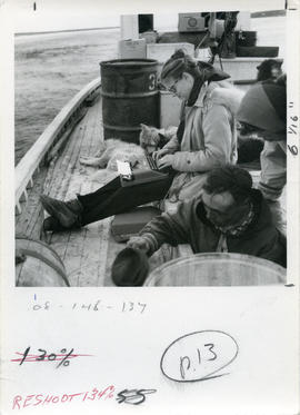 Photograph of Barbara Hinds typing while sitting on a boat on the Koksoak River