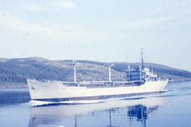 Photograph of a large ship in the narrows of Goose Bay, Newfoundland and Labrador