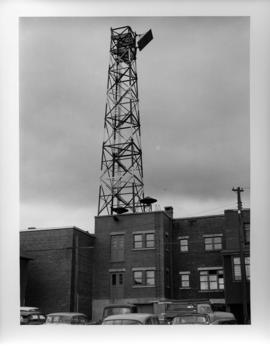 Photograph of the tower on the Island Telephone Company's central office, taken from the parking lot
