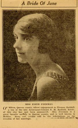 Newspaper clipping with a print photograph of Edith Freeman and an announcement for her engagemen...