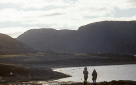 Photograph of Barbara Hinds and Allie looking at the view in Cape Dorset, Northwest Territories
