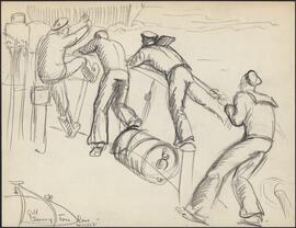 Charcoal and pencil drawing by Donald Cameron Mackay of four sailors clearing a tow line