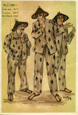 Watercolour costume designs featuring three men in Asian costumes