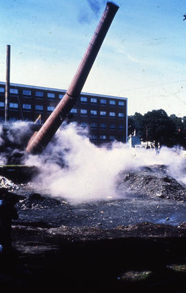 Photograph of demolition of Medical-Dental Library, falling support