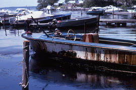 Photograph of an oiled boat at Alexandria Bay, New York