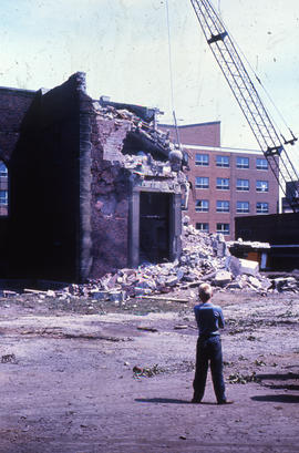 Photograph of demolition of Medical-Dental Library, doorway demolition