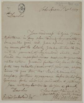 Letter from J.F.W. DesBarres to Lord George Germaine, London, furnishing plans with estimates sub...