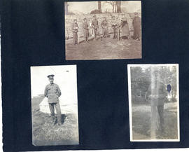Scrapbook page with photographs of T.H. Raddall, Sr. in military uniform and standing with other ...