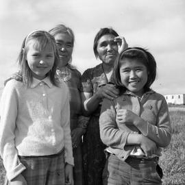 Photograph of Minnie Ananak, Jeannie Snowball, Jessie Koneak, and another girl in Fort Chimo, Quebec