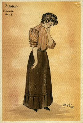 Watercolour costume design featuring a women in a brown dress
