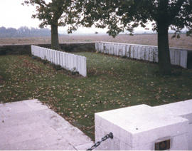 Photograph of two rows of headstones in the Manitoba Cemetery near Caix, France
