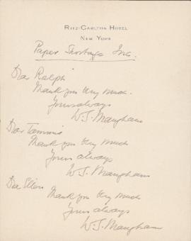 Letter from William Somerset Maugham to Ralph Gustafson, Sally Ryan, and Ellen Ballon