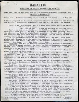 Gaezette : newsletter of the Gay Alliance for Equality, issue 5, 1985