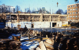 Photograph of the construction of the Tupper Building, framing first floor