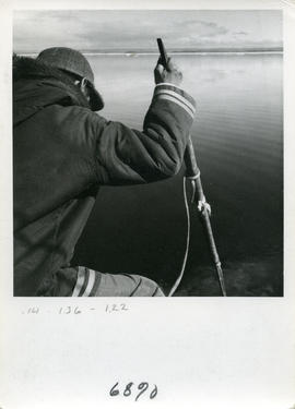 Photograph of a man harpooning a wounded seal in Frobisher Bay, Northwest Territories
