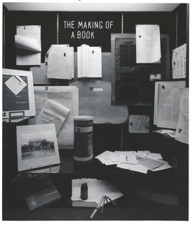 Photograph of library display, the making of a book