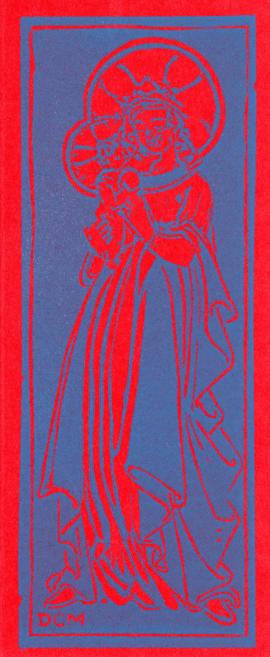 Printed Christmas card in red and blue, depicting Mary and Jesus, designed by D.C. Mackay